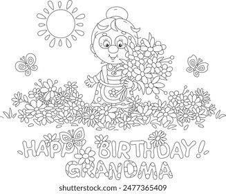 Happy birthday grandma card with a funny grandmother in a traditional dress holding a bouquet of beautiful flowers and merry butterflies fluttering around her summer garden, vector cartoon