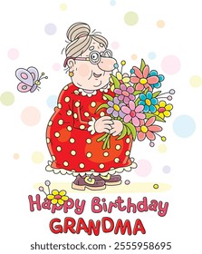 Happy birthday grandma card with a funny grandmother friendly smiling and holding a bouquet of beautiful flowers, vector cartoon illustration on a white background