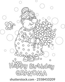 Happy birthday grandma card with a funny grandmother friendly smiling and holding a bouquet of beautiful flowers, black and white vector cartoon illustration for a coloring book