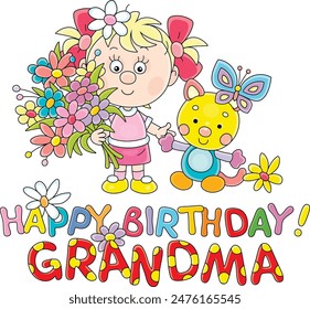 Happy birthday grandma card with a happy little girl holding a funny toy cat with a butterfly and a beautiful bouquet of colorful summer flowers for her granny, vector cartoon illustration on white