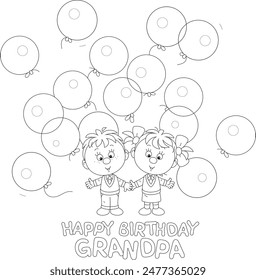 Happy birthday grandpa card with a funny little grandson and granddaughter with holiday balloons for their grandfather, black and white vector cartoon illustration