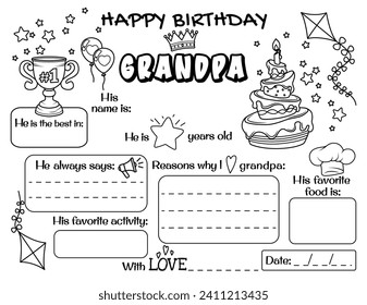 Happy birthday, grandpa. Fill in the sheet, Grandpa's birthday for grandchildren. Kids printable cards