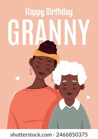 Happy birthday granny greeting card. A grandmother with her granddaughter. Flat vector illustration