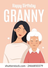 Happy birthday granny greeting card. Asian family portrait. A grandmother with her granddaughter. Flat vector illustration