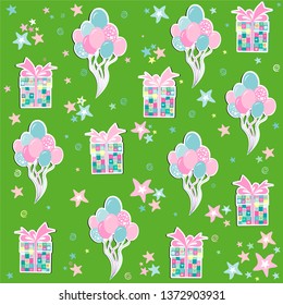 Happy birthday green background pattern. Celebration background with gift boxes, balloon and stars. Seamless wrapping paper. Vector illustration.