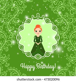 Happy Birthday green greeting card with fairy princess and leaf ornament. Vector illustration