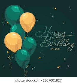 Feliz cumpleaños, tarjeta de invitación verde con globos