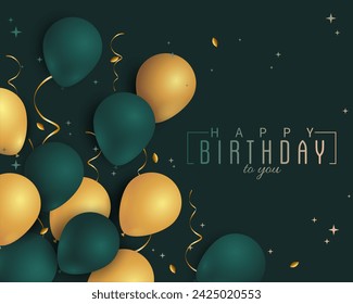 Happy Birthday green invitation card with gold balloons