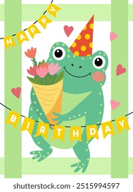 Happy Birthday greeteng card. Cute cartoon frog with bouquet of flowers in hands. Bunting garland with text Hapy birthday. Vector flat illustration.