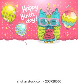 Happy Birthday greeting background with an owl. Vector illustration