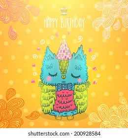 Happy Birthday greeting background with an owl. Vector illustration