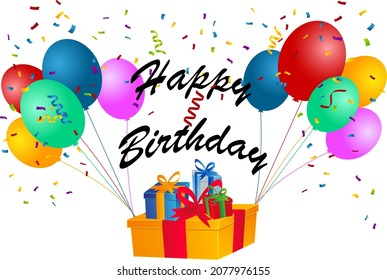 happy birthday greeting with balloon, confetti and gift box by vector design