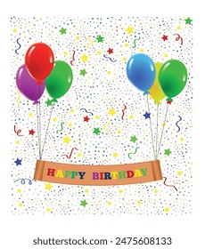 Happy Birthday Greeting with Balloons and Confetti. Important event celebration concept vector art