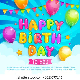 Happy Birthday greeting banner with balloon, flags, clouds on sunburst background. Design template for celebration. Great for invitation flyers, posters, cards. Vector illustration.