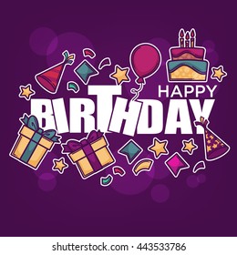 Happy Birthday greeting banner or card with line art objects