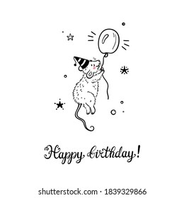 Happy Birthday! Greeting Black and White Card with Flying Cute Mouse or Rat with Balloon. Hand Drawn Cartoon Doodle Little Mice Print for Nursery, Baby Shower and Birthday Design