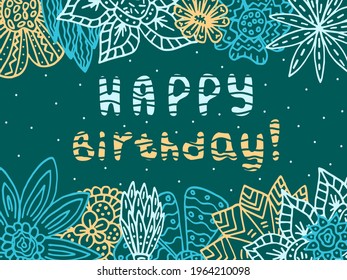 Happy Birthday greeting card 1 with strange flowers in doodle style. Silhouettes of flowers. Isolated vector stock illustration EPS 10.