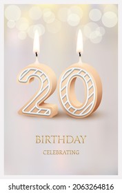 Happy birthday greeting card with 20 number candles vector illustration. 3d candlelight in poster design for anniversary party celebration, cute invitation template candles for sweet cake dessert