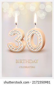 Feliz cumpleaños tarjeta de saludo con 30 números de velas de ilustración vectorial. 3d velas en el diseño de afiches para la celebración de la fiesta de aniversario, tierna plantilla de treinta invitaciones velas para pastel dulce