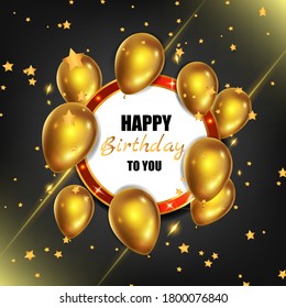 Happy birthday greeting card in 3d. For greeting card, poster or banner. Gel balloons and stylish lettering. Vector illustration