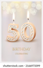 Happy birthday greeting card with 50 number candles vector illustration. 3d candlelight in poster design for anniversary party celebration, cute fifty invitation template candles for sweet cake