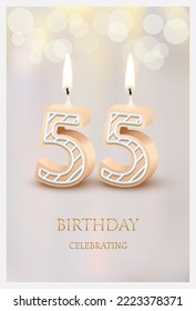 Happy birthday greeting card with 55 number candles vector illustration. 3d candlelight in poster design for anniversary party celebration, cute fifty five invitation template candles for sweet cake
