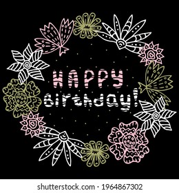 Happy Birthday greeting card 6 with strange flowers in doodle style. Silhouettes of flowers in wreath. Isolated vector stock illustration EPS 10.