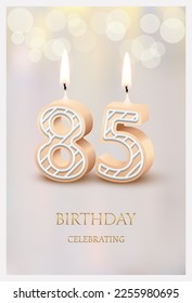 Happy birthday greeting card with 85 number candles vector illustration. 3d candlelight in poster design for anniversary party celebration, cute eighty five invitation template candles for sweet cake.