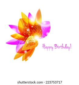 Happy birthday greeting card with abstract pink flower element. Isolated on white.