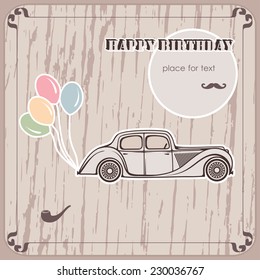 Happy birthday greeting card with abstract retro car and balloons on a textured beige background