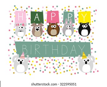 Happy Birthday greeting card with animals and confetti in the background. Vector and illustration design.