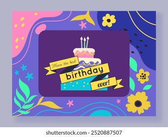 Happy birthday greeting card. Anniversary celebration. Holiday gift. Festive dessert cake with candles. Floral color frame. Abstract flowers. Congratulation lettering ribbon. Vector postcard design