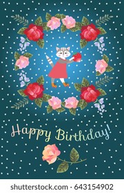 Happy birthday greeting card for baby with cute lovely kitten and wreath of roses and bells flowers. Vector illustration.