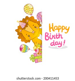Happy Birthday greeting card background with a baby lion. Vector illustration