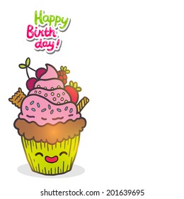 Happy Birthday greeting card background with cupcake. Vector muffin illustration