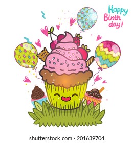 Happy Birthday greeting card background with cupcake. Vector muffin illustration