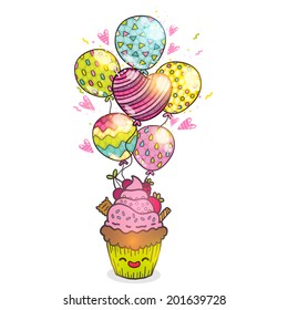 Happy Birthday greeting card background with cupcake. Vector muffin illustration