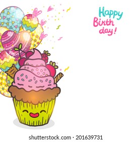 Happy Birthday greeting card background with cupcake. Vector muffin illustration