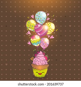 Happy Birthday greeting card background with cupcake. Vector muffin illustration