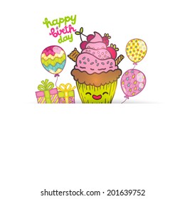 Happy Birthday greeting card background with cupcake. Vector muffin illustration