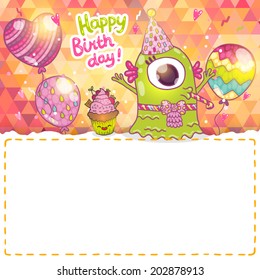 Happy Birthday greeting card background with cute monster and cupcake. Vector illustration
