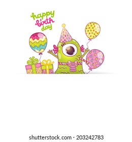 Happy Birthday greeting card background with cute monster. Vector illustration