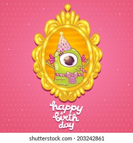 Happy Birthday greeting card background with cute monster. Vector illustration