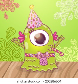 Happy Birthday greeting card background with cute monster. Vector illustration