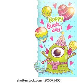 Happy Birthday greeting card background with cute monster. Vector illustration 