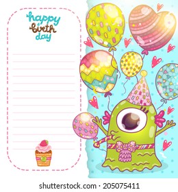 Happy Birthday greeting card background with cute monster. Vector illustration 