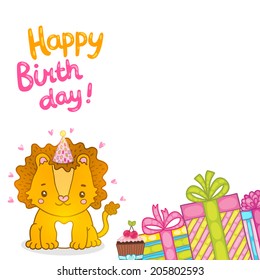 Happy Birthday greeting card background with a baby lion. Vector illustration