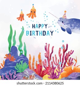 Happy birthday greeting card. Background of the seabed with corals and marine life. Colored vector illustration.