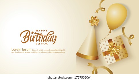 Happy birthday greeting card with balloon, ribbon, cap and gift box background. Happy birthday background