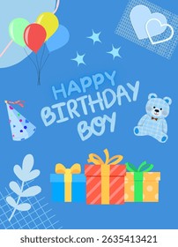Happy birthday greeting card with balloons and gifts at blue background. ( original illustration, not AI-generated )